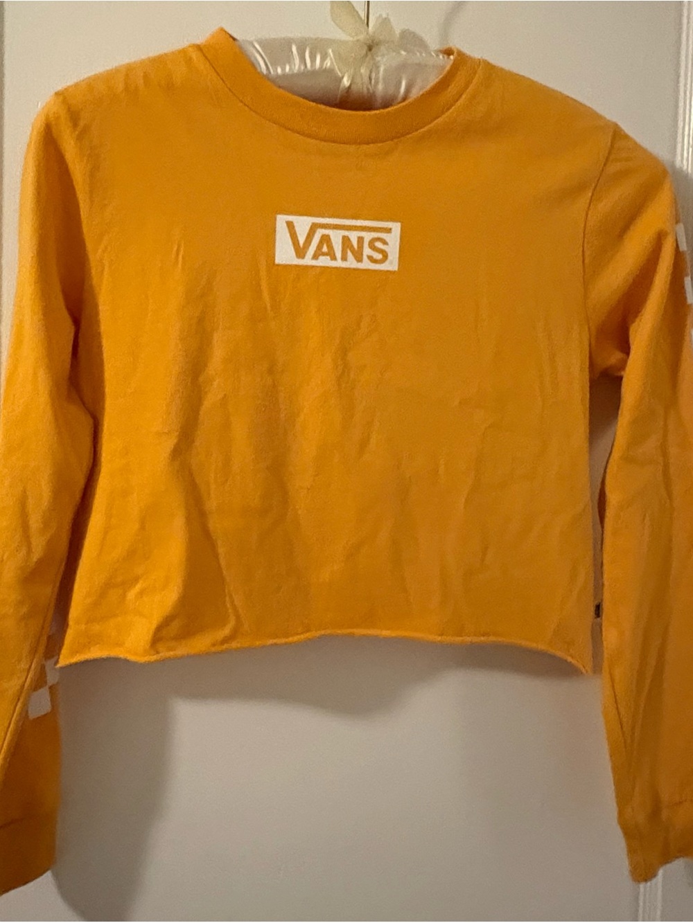 Vans Mustard Yellow Checkerboard Crop Top Long Sleeve Logo Tee Size XS